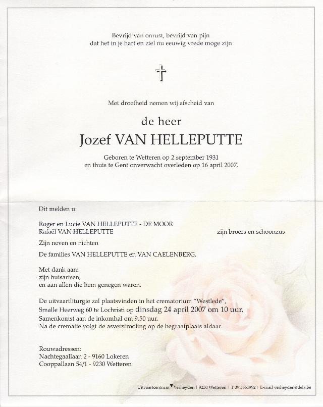 rouwbrief Jef Van Helleputte